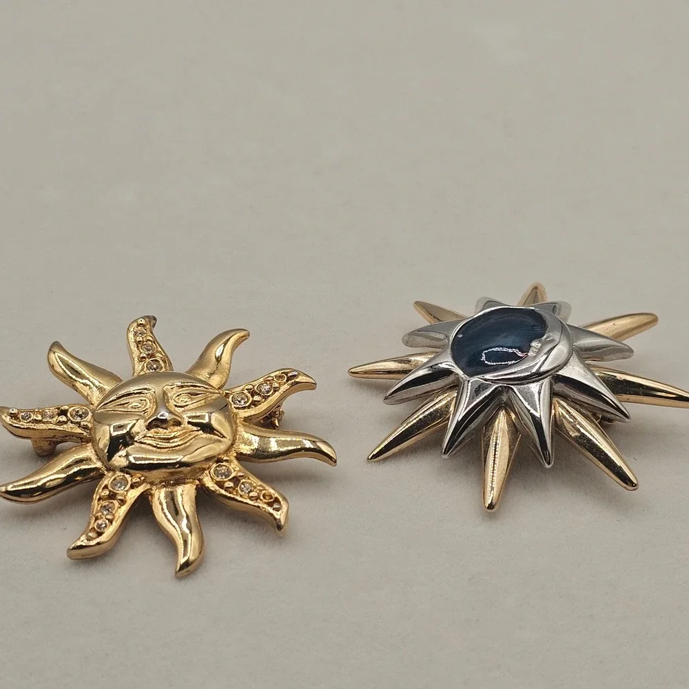 Celestial Sun & Moon Brooch Pin 2pc Gold Silver Tone Blue Enamel Rhinestone